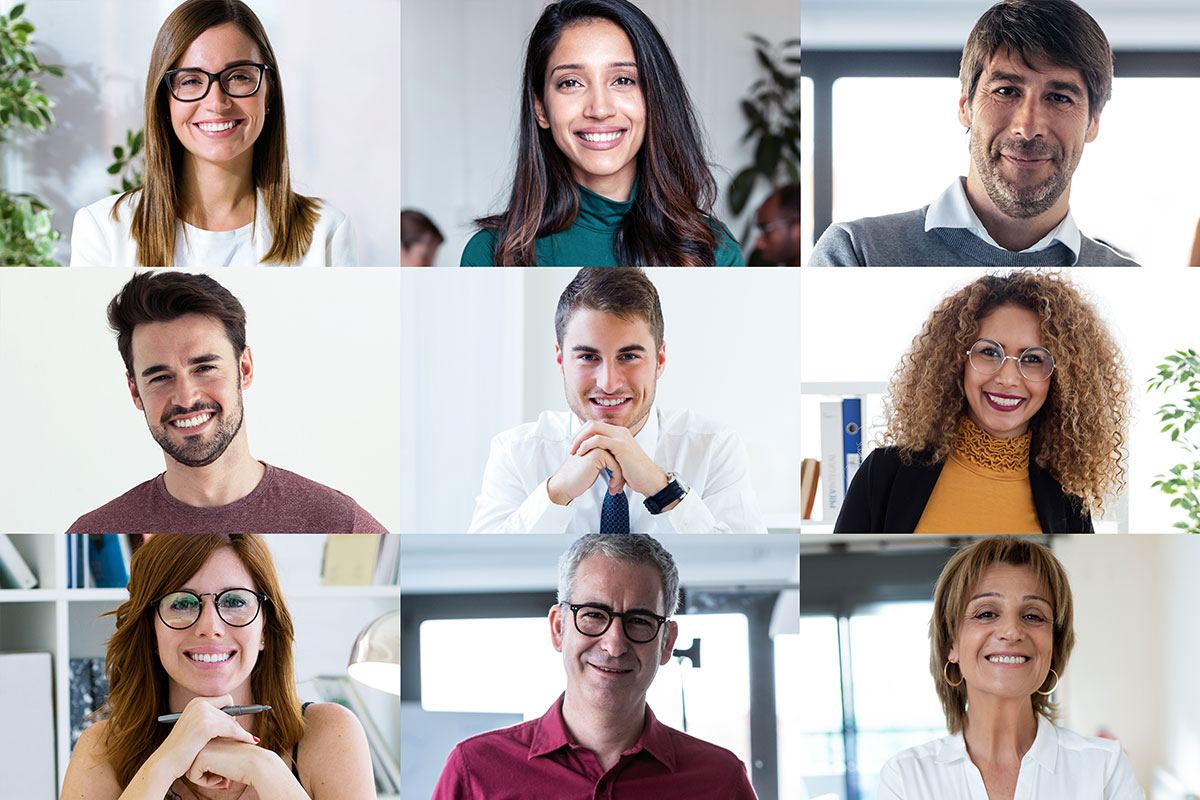 A group/grid of professional woman and men