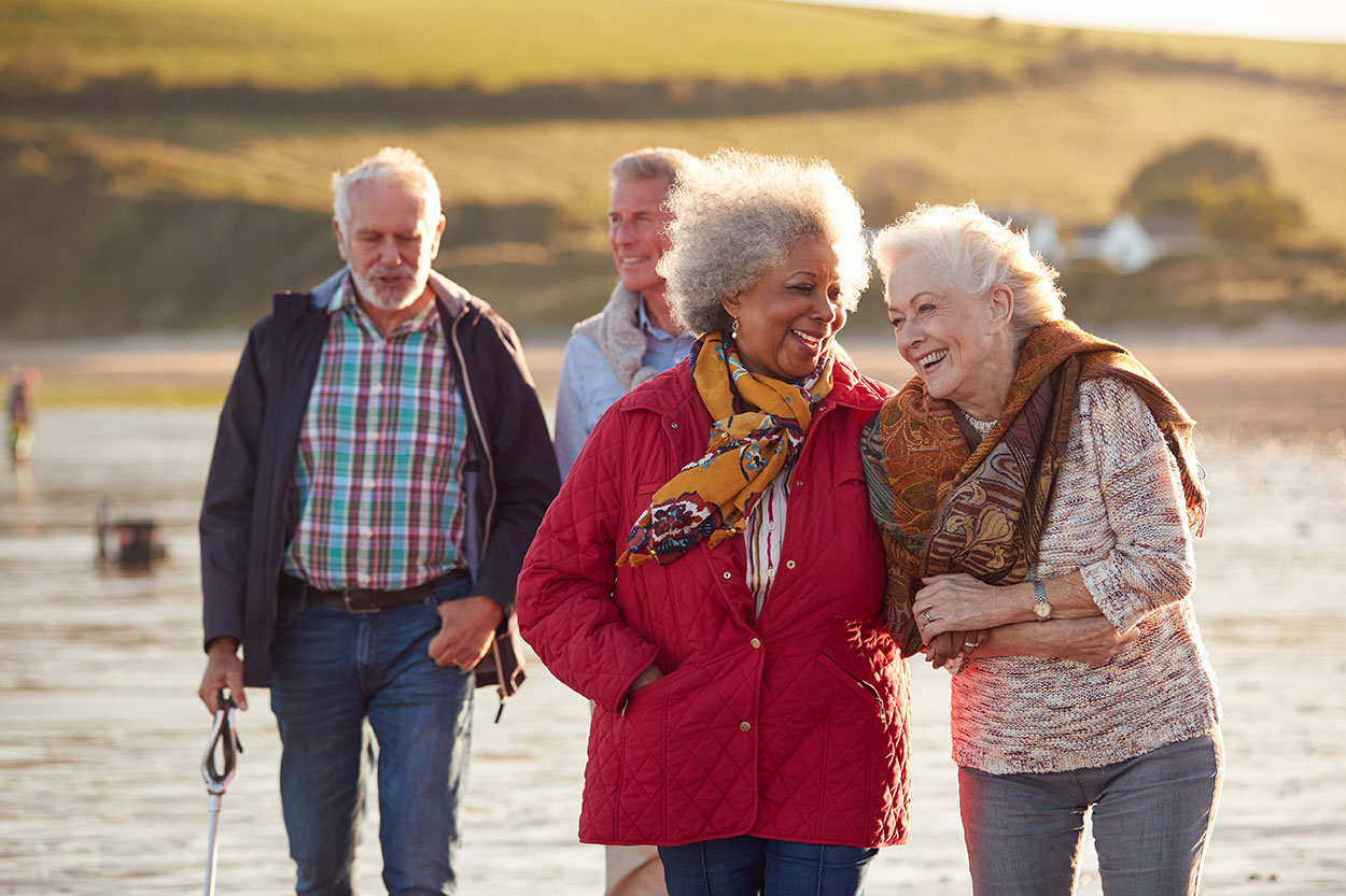 Two couples walking and talking